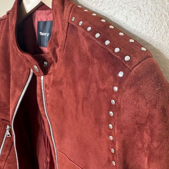 Theory Jacket Women's Large Burgundy Suede Leather Moto Studded Full Zip Pockets - Picture 11 of 12